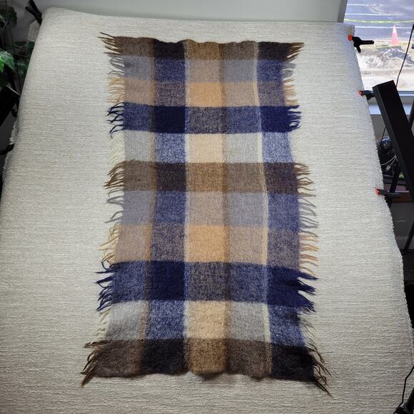 Avoca Hand Weavers Lap Blanket Scarf Shawl Brown Blue Wool Mohair Plaid Fringe - Picture 9 of 16